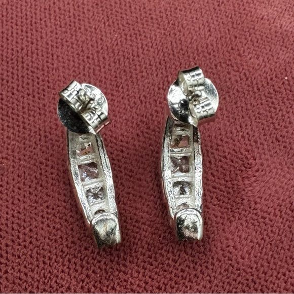 Sparkly Rhodium Plated CZ Half Hoop Huggie Earrings - Pierced - Picture 8 of 12